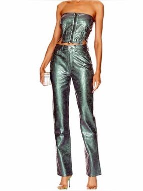 NEW AFRM 2 Piece Heston Croc Embossed Pants & Tube Top in Mermaid Iridescent
